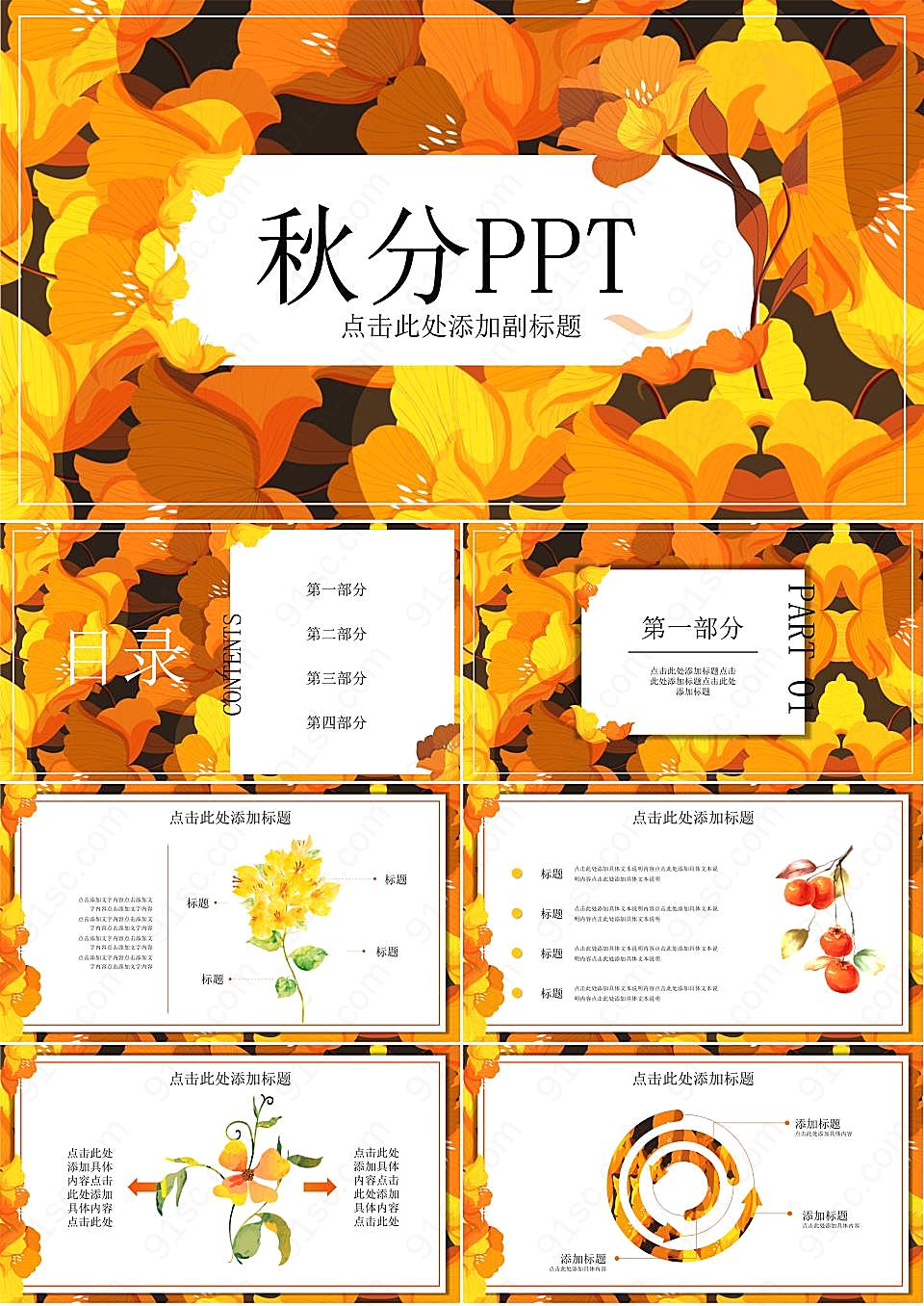 金花卉背景的秋分PPT模板