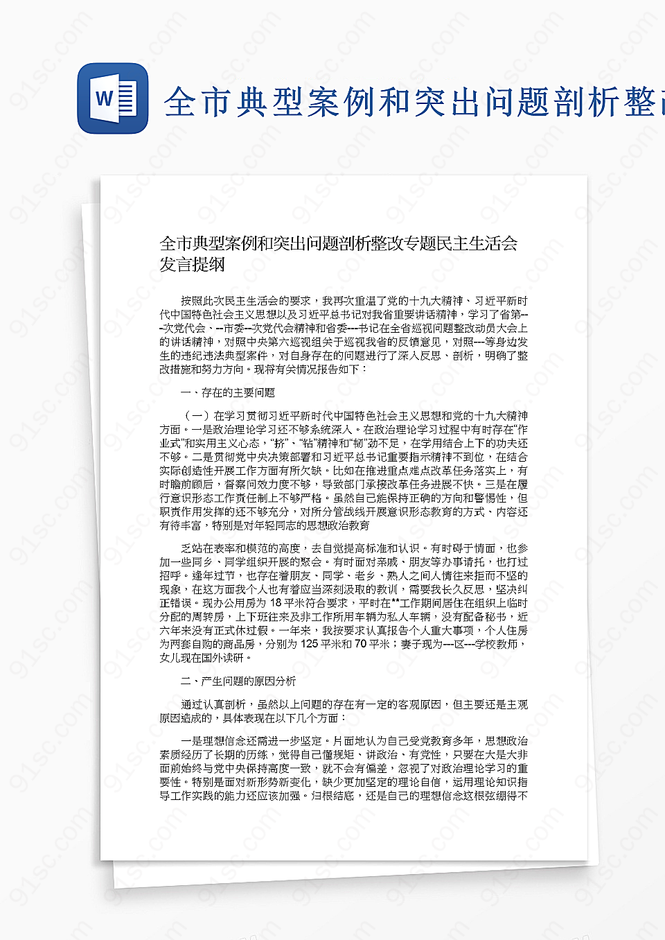 全市典型案例和突出问题剖析整改专题民主生活会发言提纲工作范文