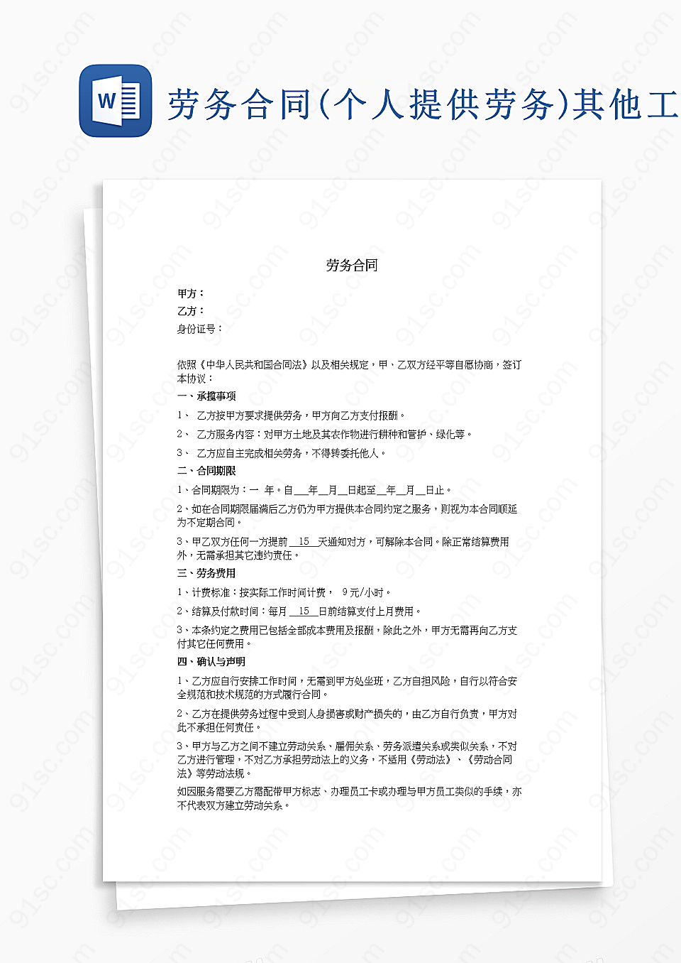 劳务合同(个人提供劳务)其他工作范文