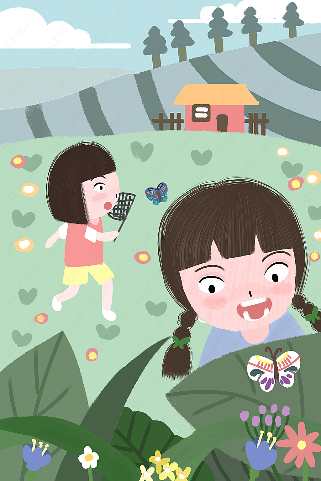 儿童节插画欣赏小朋友们在户外捕捉蝴蝶的精彩瞬间平面广告下载