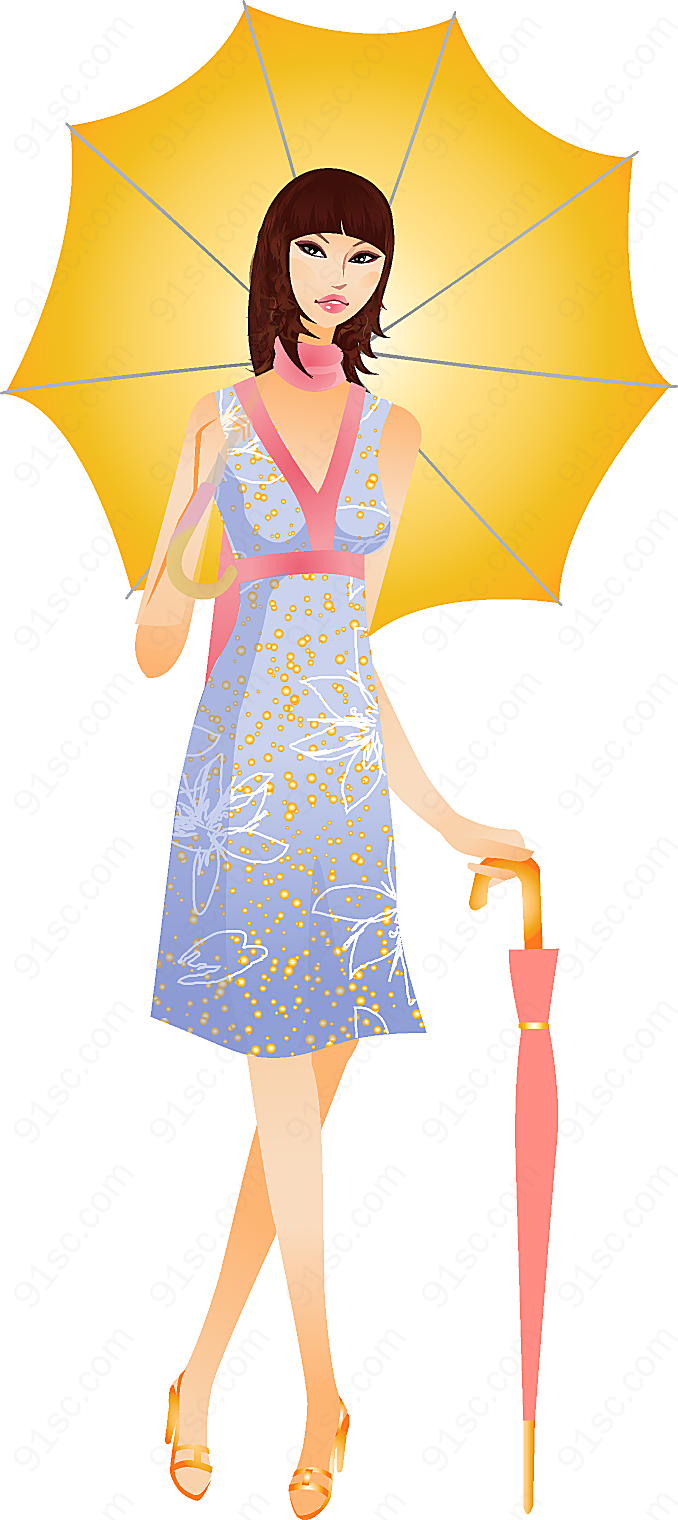拿着伞打伞的美女时尚淡蓝色长裙素材