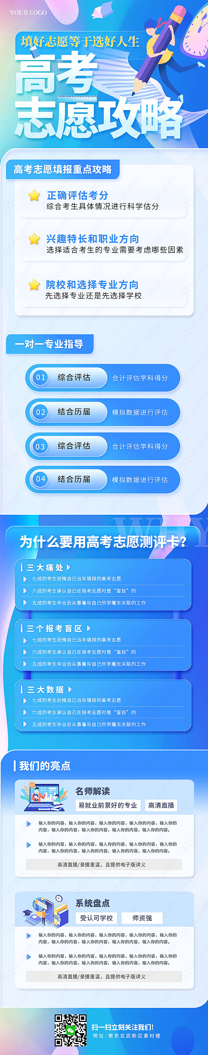 蓝色扁平化商务教育高考志愿填报指南UI设计手机长图解析新媒体用图下载