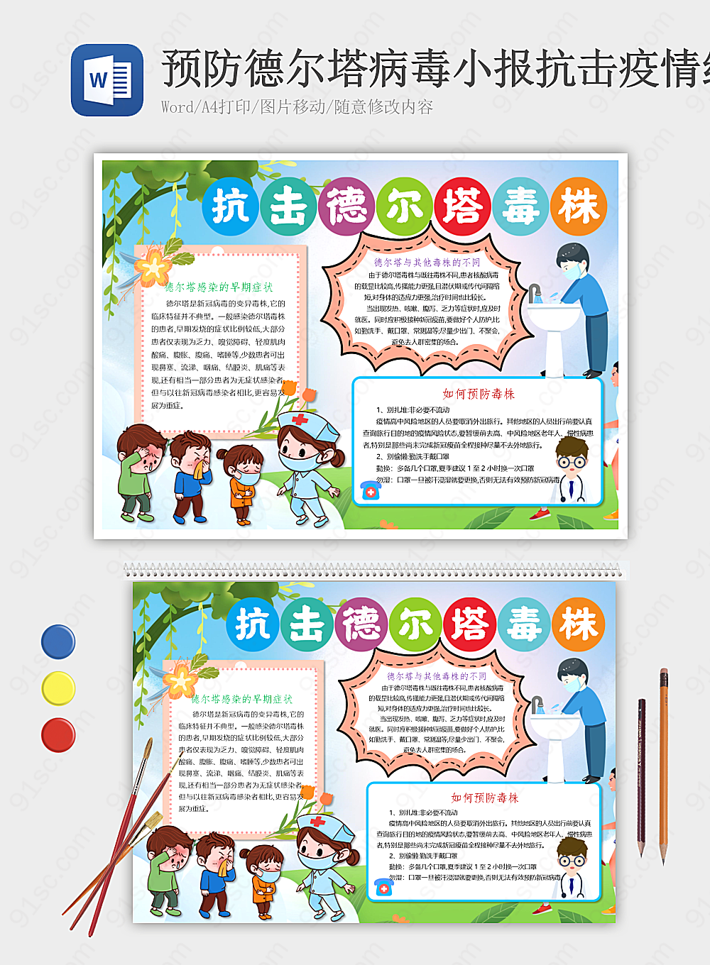 自我防护科学防疫一起学习预防德尔塔病毒小报守护家人健康医疗健康手抄报小报海报Word模板下载