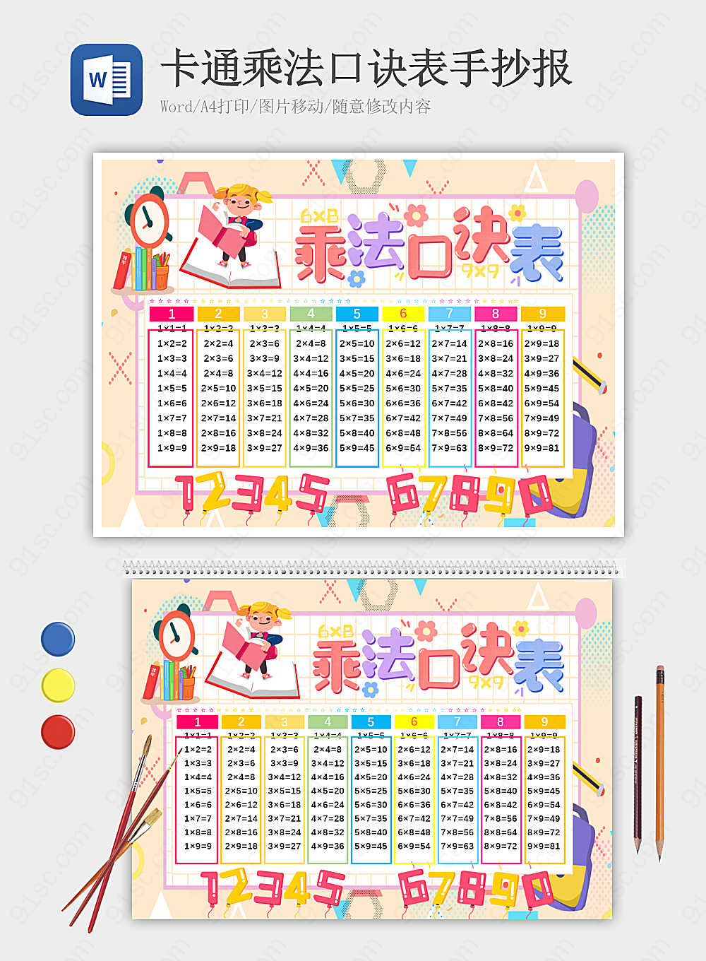 卡通乘法口诀表手抄报Word矢量图模板学科手抄报小报海报Word模板下载